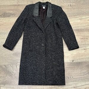 HUNTERS RUN Women's Tweed Long Jacket Size 5 Wool Leather Collar Old Money